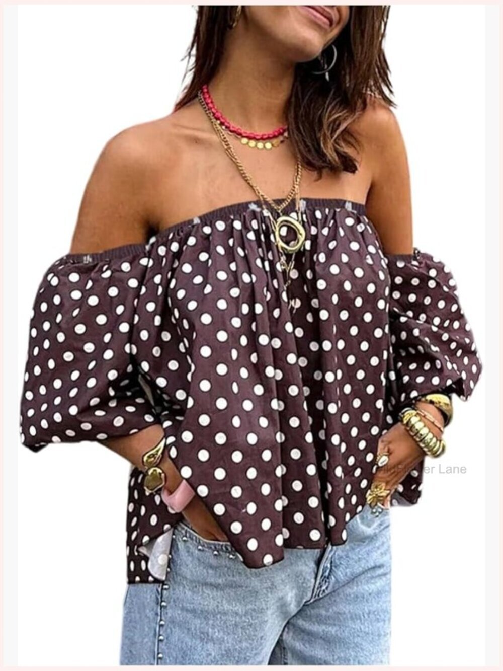 Off Shoulder Blouse 3/4 Puff Sleeve Polka Dots Cute Tops Going Out Outfits